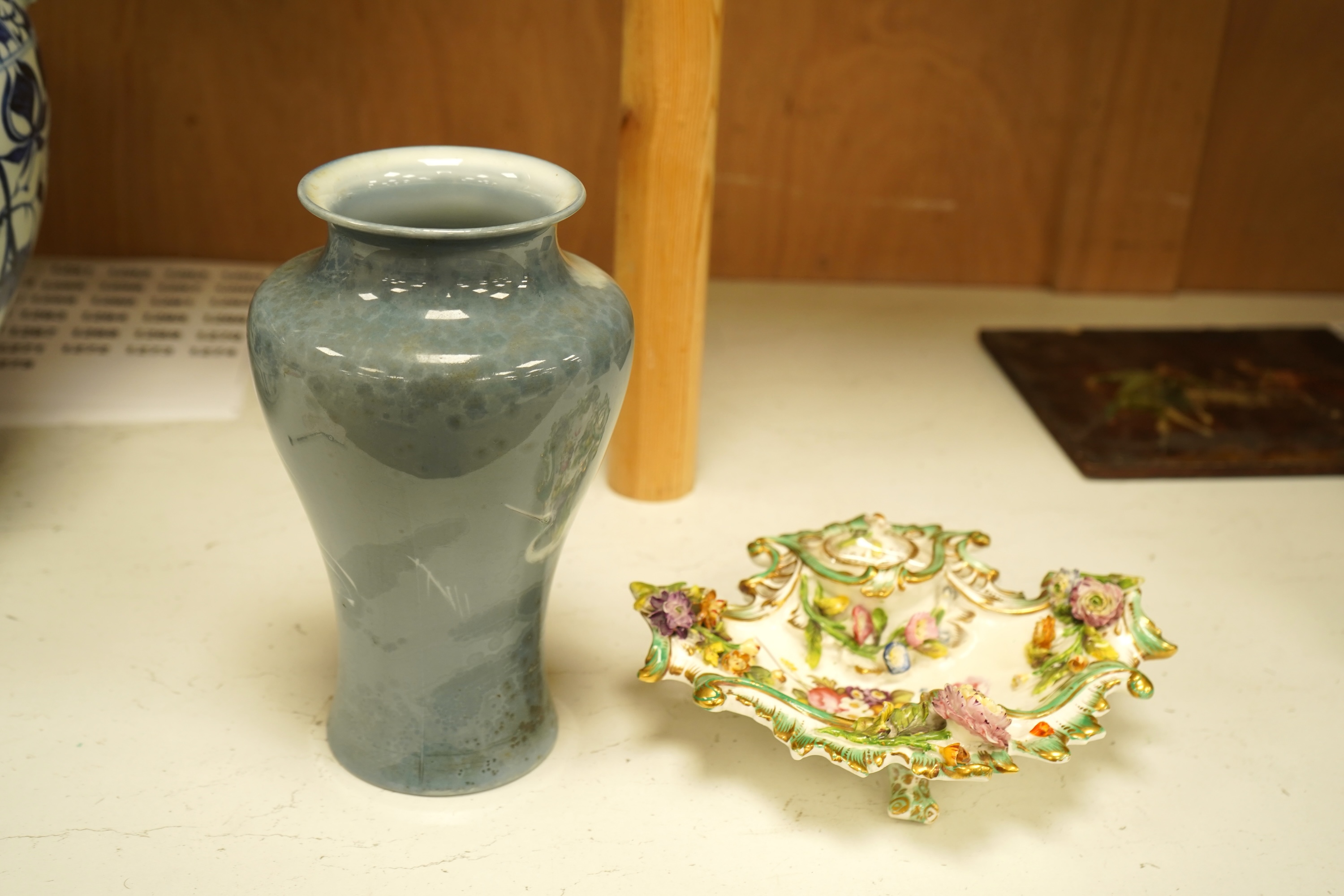 Worcester Sabrina porcelain vase numbered 2195 and bone china inkstand with floral encrusted decoration, largest 20cm high